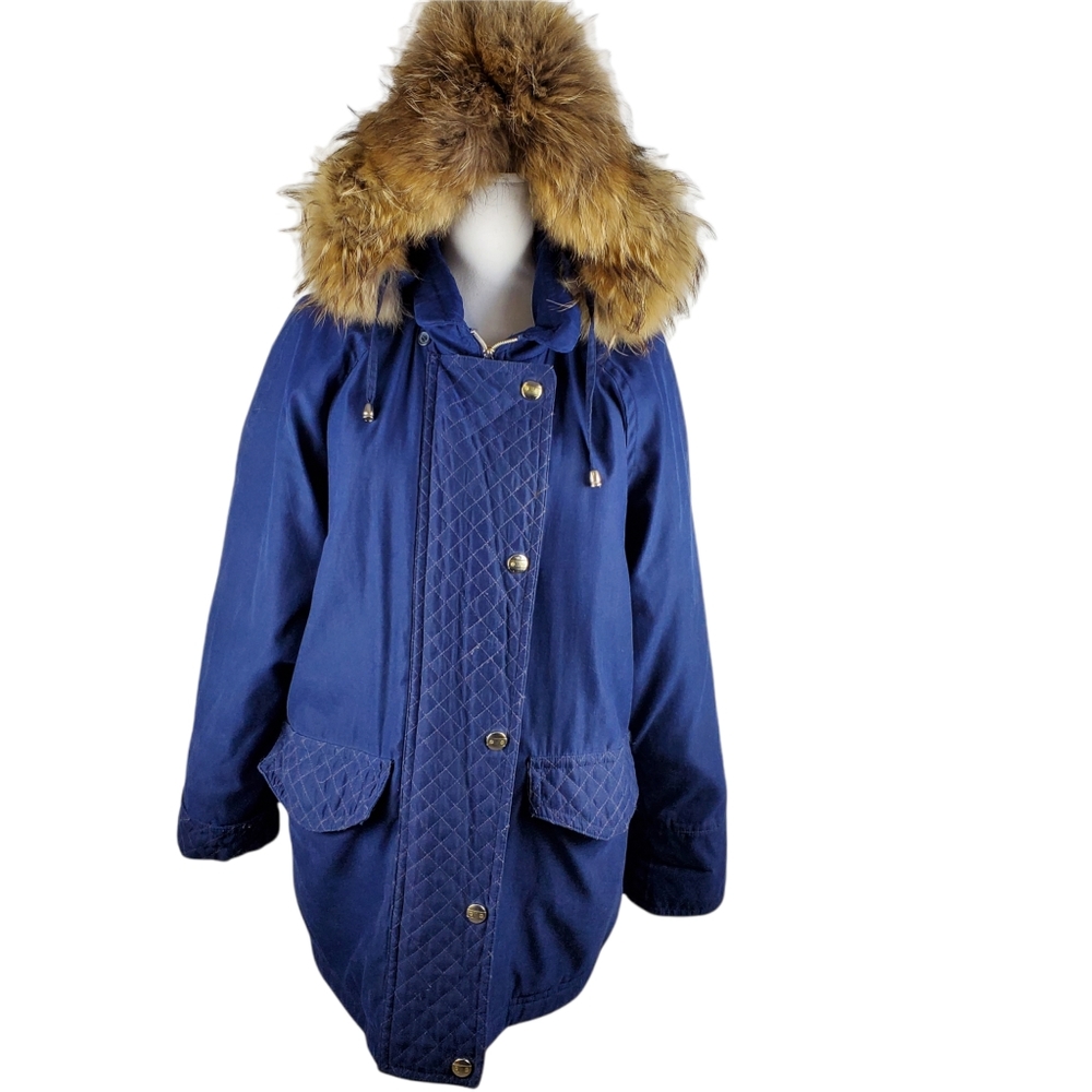 Bernardo blue winter coat w/detachable fur lined hood M